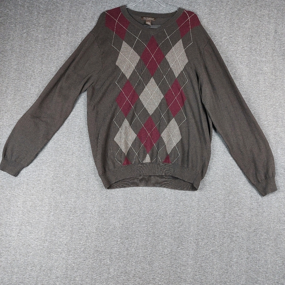 CHATHAM ROAD MENS BROWN ARGYLE PREPPY VNECK COTTON CASHMERE SWEATER SIZE LARGE